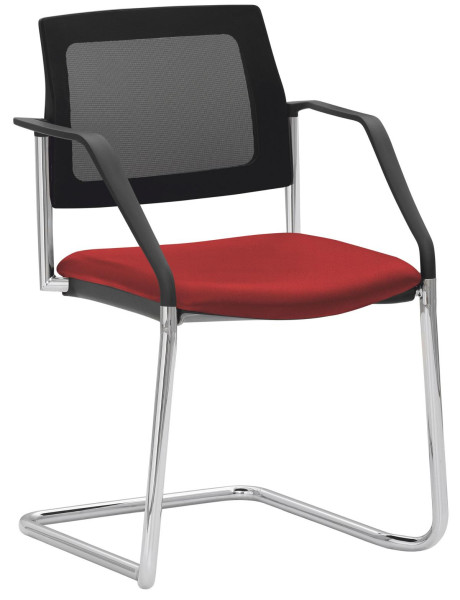 Chaise empilable Mayer Sitzmöbel , structure luge chromée, dossier en résille, accoudoirs inclus, rouge cerise, 2519_F1_A_30611
