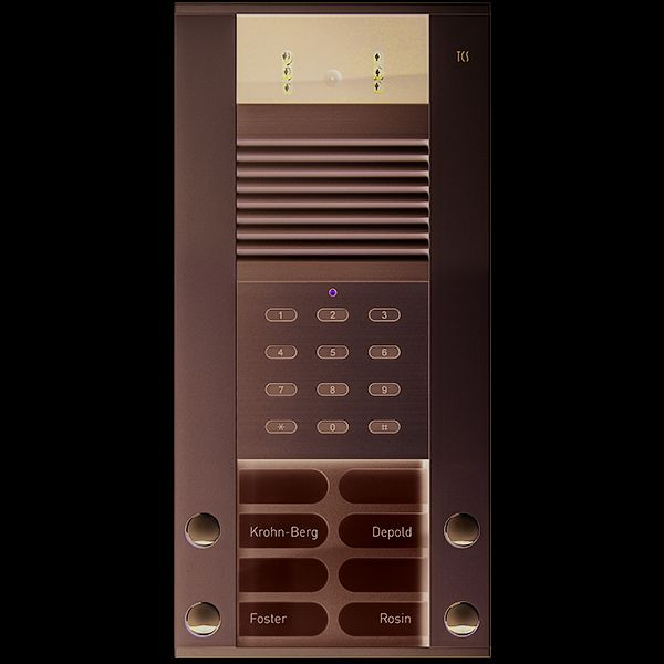 Platine de rue vidéo TCS IP série AVD IP avec 4 boutons de sonnette (alignés à droite/gauche) et bloc numérique intégré, AP argent, AVD98040-0010