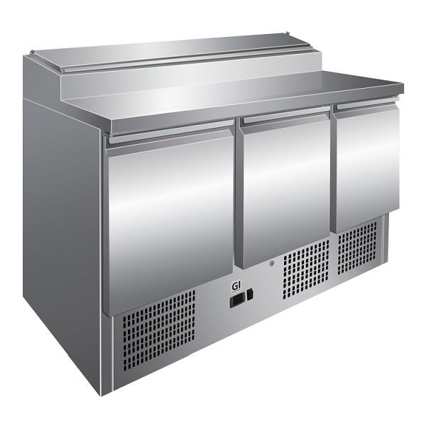 Saladette Gastro-Inox en acier inoxydable avec 3 portes & 8x unité de préparation Gastronorm 1/6, refroidissement par convection, capacité nette 400 litres, 202.006