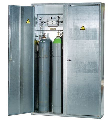 Armoire à bouteilles de gaz DENIOS pour 5 bouteilles de gaz de 50 l, porte à 3 battants, galvanisée, 116953