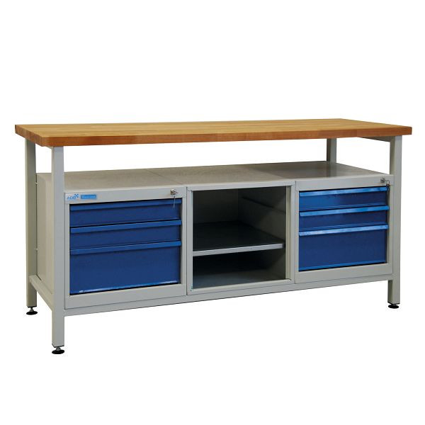 Etabli ADB 6 tiroirs + 1 partie étagère, 1700x600x840 mm, couleur table de travail : gris clair, RAL 7035, couleur porte/tiroir : bleu clair (RAL 5012), 42751