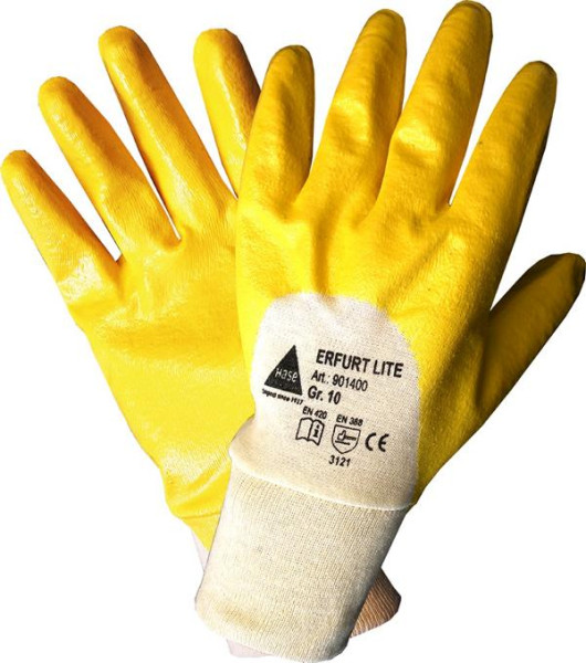 Hase Safety ERFURT lite, Gants de sécurité à 5 doigts nitrile jaune, partiellement enduits, taille : 10, UE : 12 paires, 901400-10