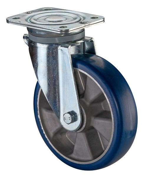 Roulette pivotante pour charges lourdes BS Wheels, roue en polyuréthane 83 Shore, jante en aluminium, roulement à billes, platine, diamètre : 200 mm, N100.B92.200