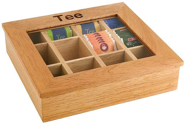 Boîte à thé APS à 12 compartiments, 31 x 28 cm, hauteur : 9 cm, boîte en bois clair avec fenêtre, en acrylique, 11775
