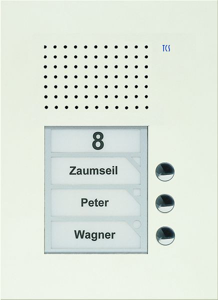 Platine de rue audio TCS série PUK 3 boutons de sonnette (alignés à droite), 1 colonne, UP blanc, PUK03/1-WS
