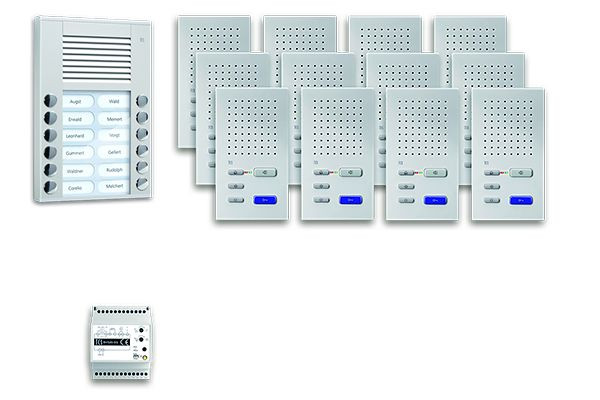 Système de commande de porte audio TCS : pack AP pour 12 unités résidentielles, avec poste extérieur PES 12 boutons de sonnerie, 12x haut-parleur mains libres ISW3030, unité de contrôle, PPAF12-EN / 02