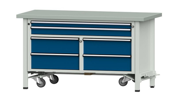 Établis ANKE établi à caissons, modèle 255 V, 1500 x 700 x 840 mm, RAL 7035/5010, ZBP 40 mm, avec dispositif mobile abaissable, 304.214