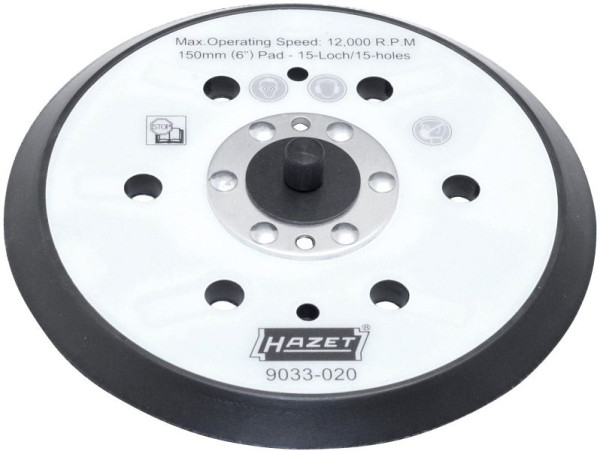 Plateau de ponçage Hazet, dureté moyenne avec support en fibre, fixation velcro, Ø 150 mm avec filetage 5/16", poids net : 0,17 kg, 9033-020