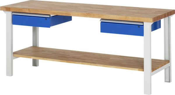 Etabli RAU série 7000 - conception modulaire, 2 tiroirs bas, étagère en hêtre massif, 2000x840x700 mm, 03-7002A7-207B4S.11