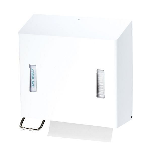 Distributeur de savon et d'essuie-tout Air Wolf, série Omega, H x L x P : 377 x 377 x 163 mm, acier inoxydable blanc, 29-471