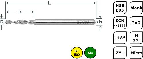 Mini perceuse SPPW HSS-E05 - N25 ° DIN1899 3xØ L : 25x1.4 Ø0.18, UE : 10 pièces, 4111210018
