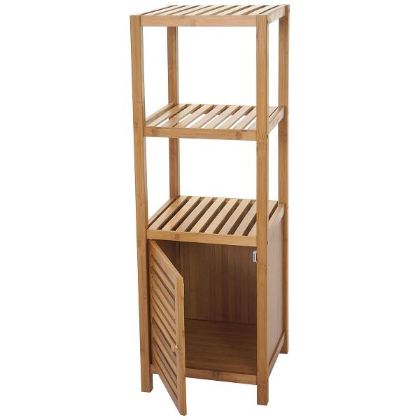 Étagère de salle de bain Mendler HWC-B18, étagère sur pied d'armoire de salle de bain avec porte, bambou, 110x36x34cm, 57555