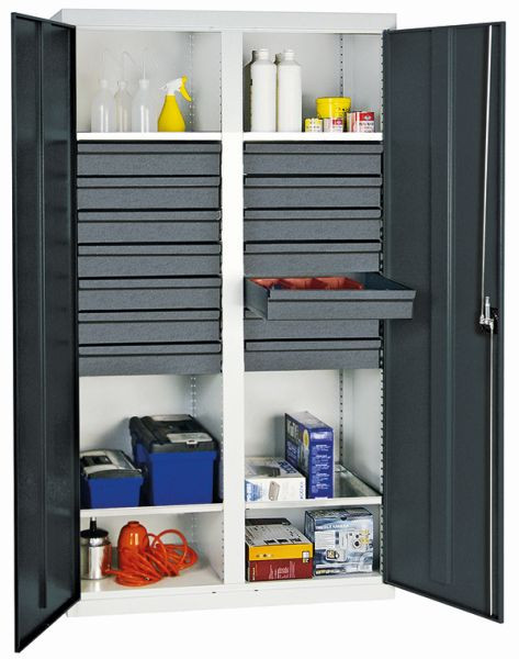armoire à outils et matériel série 3000, 7035/7016, 14 tiroirs 100 mm, cloison centrale, 4 tablettes, 3004471