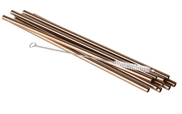 Pailles APS, lot de 11, Ø 6 mm, longueur : 21,5 cm, acier inoxydable 18/8, aspect cuivre, contenu : 10 pailles, 1 brosse de nettoyage, 93380