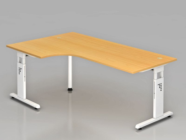 Table d'angle Hammerbacher pied C 200x120cm 90° hêtre/blanc, forme d'angle 90°, peut être montée à gauche ou à droite, hauteur de travail 65-85 cm, VOS82/6/W