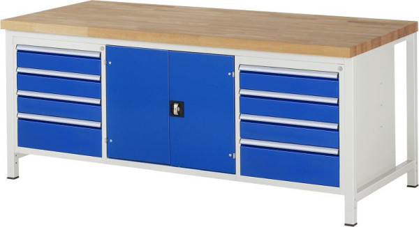 Établi RAU série 8000 - construction à cadre (cadre soudé), 9 x tiroirs, 1 compartiment à outils, 1 x étagère, 2000x840x900 mm, 03-8909A2-209B4S.11