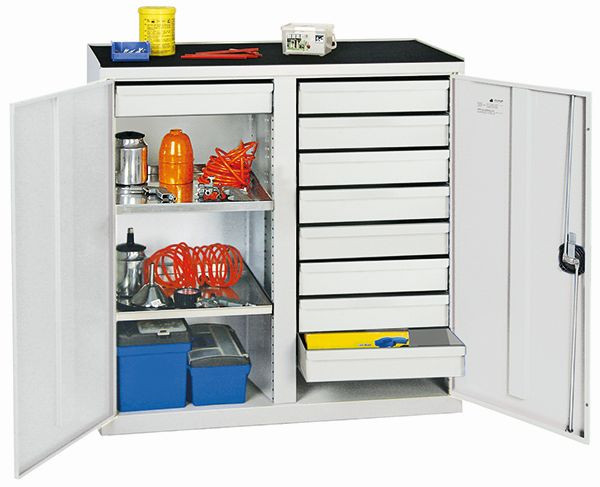 armoire à outils et matériaux contondants série 2000, 7035/7035, 9 tiroirs, cloison centrale, 2 étagères, 2002907