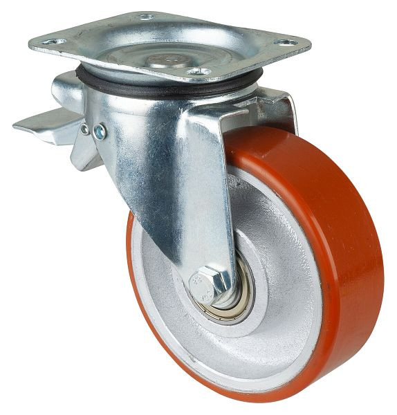 Rouleau de transport BS rollers avec frein, largeur 50 mm, Ø150 mm, jusqu'à 450 kg, polyuréthane coulé 95 Shore A, corps de roue coulé, roulement à billes, L420.C10.152
