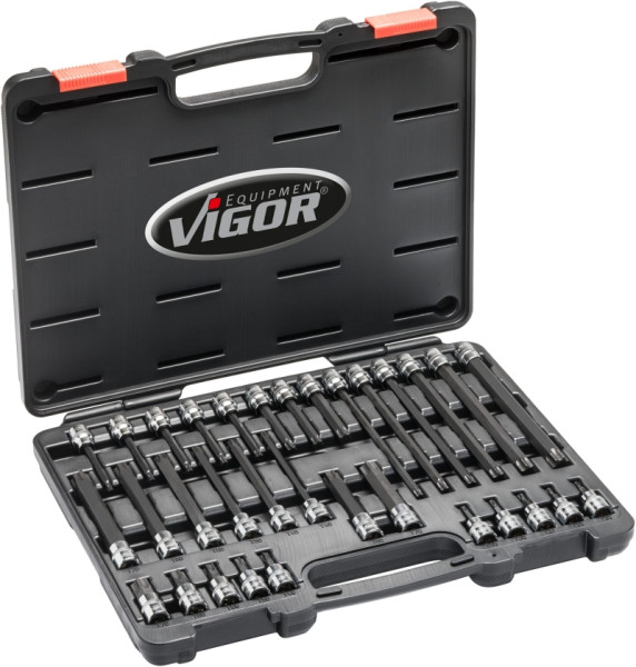 Jeu d'embouts de tournevis VIGOR TORX, carré creux 10 mm (3/8 pouce), profil TORX interne, T20 - T70, nombre d'outils : 32, V6017