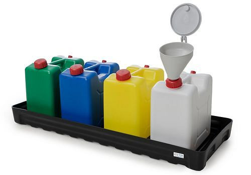 Station de collecte DENIOS, avec bac de collecte en plastique, 4 bidons, entonnoir, 281-979