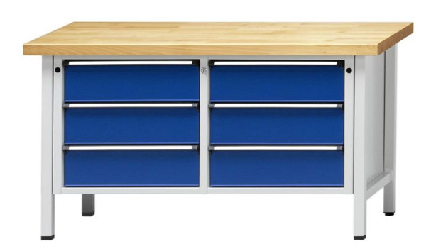 Établi d'armoire ANKE; 1500x700 mm; RAL 7035/5010; A gauche 3 tiroirs 180 mm; A droite 3 tiroirs 180 mm