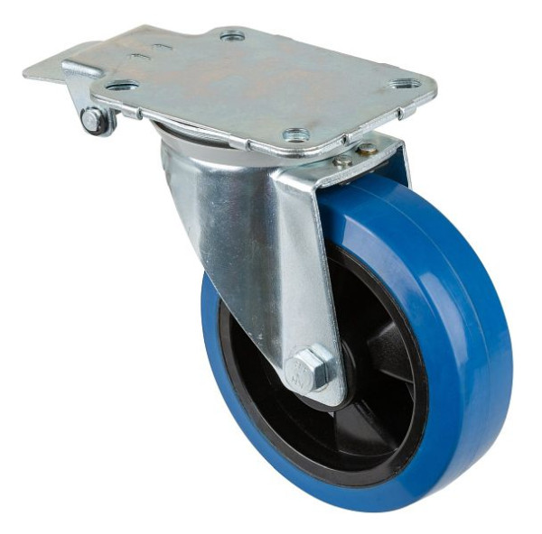 Roulettes BS Roulette pivotante avec frein central, bandages élastiques bleus, jante en plastique, roulement à billes, platine, diamètre : 160 mm, L440.B62.160