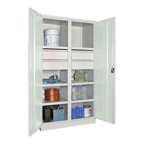 Armoire charges lourdes Pavoy 1950/1040/630, cloison, 6 étagères thermolaquées, 4 tiroirs, portes battantes, poignée rotative avec serrure à cylindre, 36366-104-007-510905