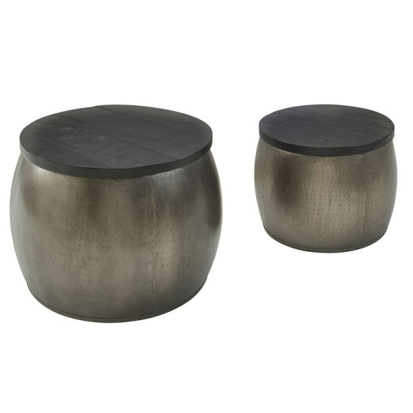 Wohnling Design - Lot de 2 Tables Basses Rondes en Bois Massif de Manguier Argenté, Couvercle Amovible, WL6.337