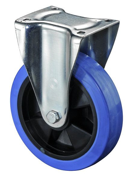 BS Rolls Roulette robuste, roulette fixe, largeur de roue 50 mm, Ø roue 200 mm, capacité de charge 400 kg, bandages élastiques bleus, plastique, roulement à rouleaux, N110.B61.200