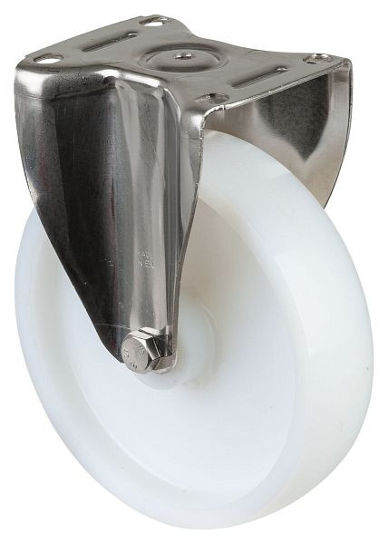 Roulettes BS roulette fixe pour charges lourdes en acier inoxydable, acier inoxydable, roue en plastique, roulement lisse, plaque à visser 200 mm, capacité de charge 450 kg, HS110.A90.201