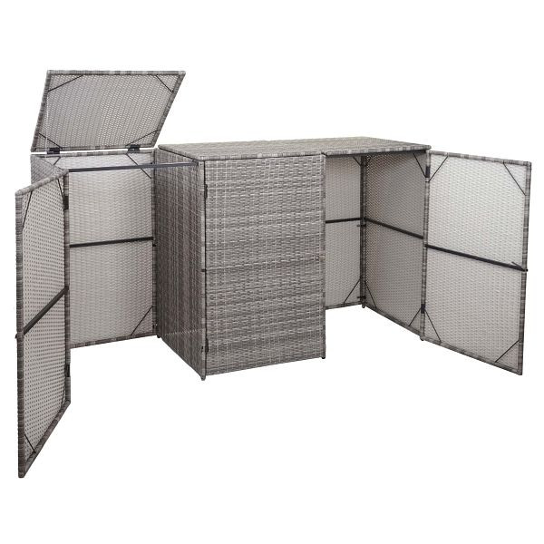 Mendler HWC-E25 Habillage poubelle 3 roues, poubelle, couvercle poubelle, rotin poly 3x120l, gris, 65264+65265