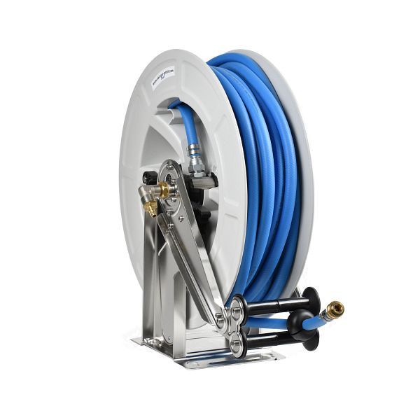 Enrouleur de tuyau Ebinger OSK 500 avec boîtier en plastique ABS, cadre et axe en acier inoxydable, fluide : air comprimé, tuyau de 25 m, 3.504.103