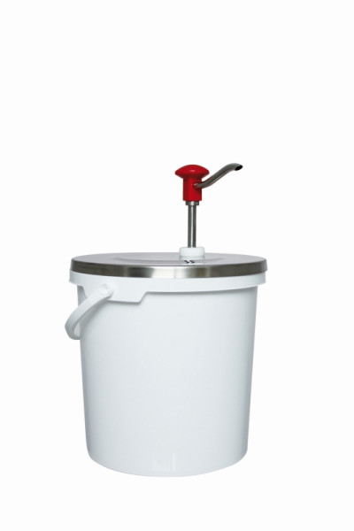 Distributeur doseur Schneider avec bouton poussoir pour seau 10 litres, avec seau en plastique, 250 mm hauteur : 400 mm, 152495