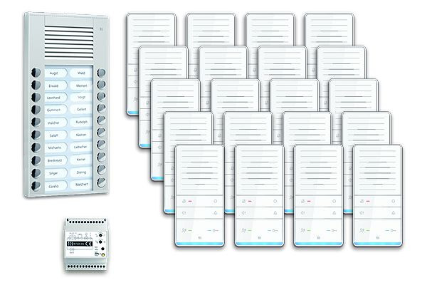 Système de commande de porte audio TCS : pack AP pour 20 unités résidentielles, avec poste extérieur PES 20 boutons de sonnerie, 20x haut-parleur mains libres ISW5031, unité de contrôle BVS20, PAAF202 / 001