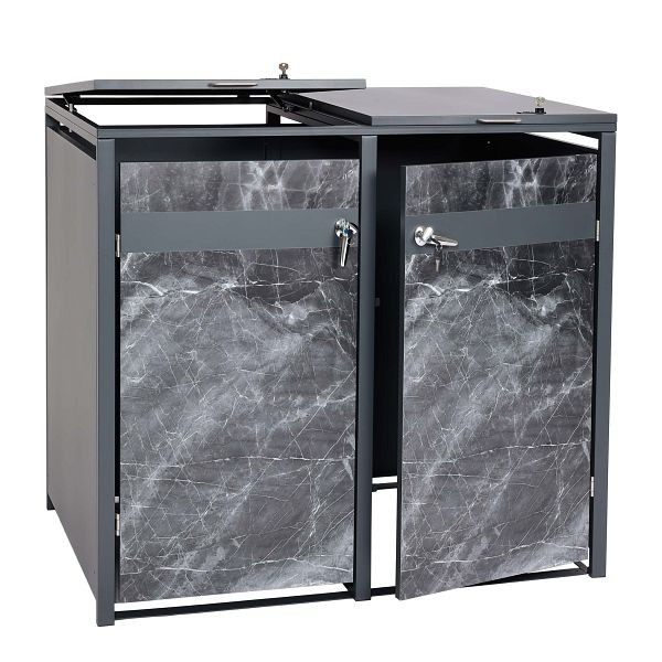 Mendler HWC-J82 Habillage poubelle 2 places, poubelle, extensible, métal 50kg, anthracite, aspect marbre foncé, 83394+83395