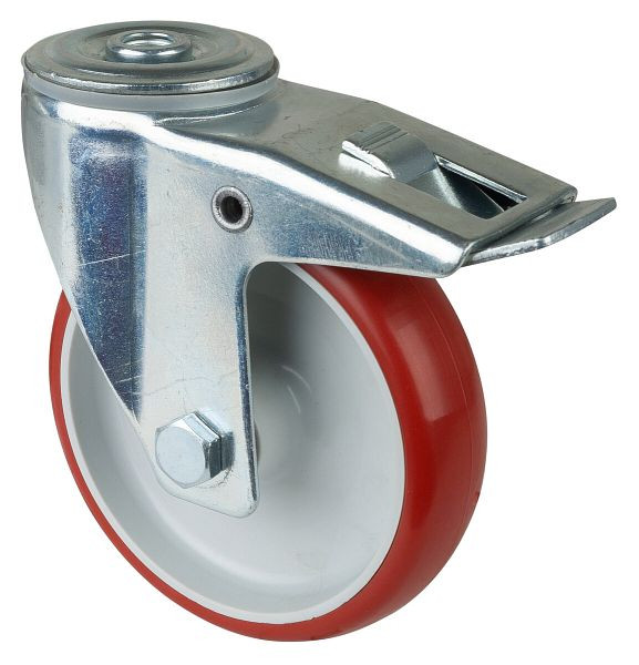 Rouleau de transport BS rollers avec frein, largeur 32 mm, Ø125 mm, jusqu'à 150 kg, bande de roulement polyuréthane rouge, roulement à rouleaux, lot de 2, L121.B31.125
