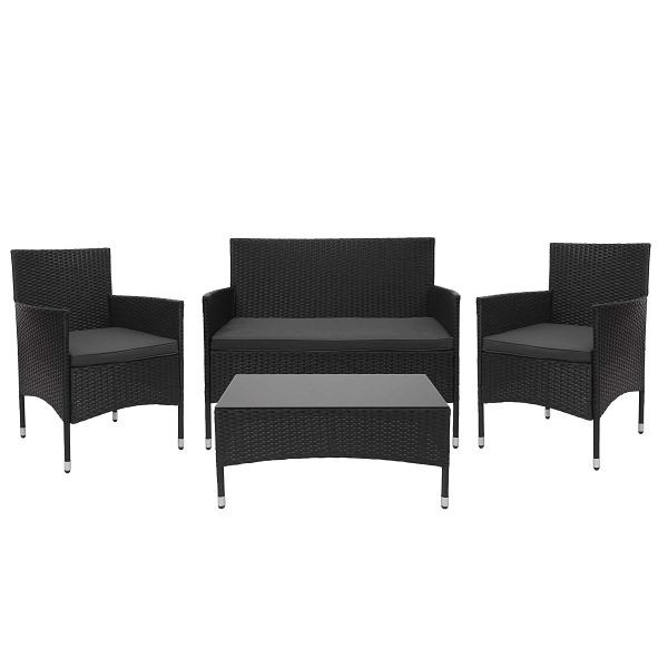 Ensemble en rotin synthétique Mendler HWC-F55, ensemble de canapés pour balcon/jardin/salon, noir, coussins gris foncé, 69814