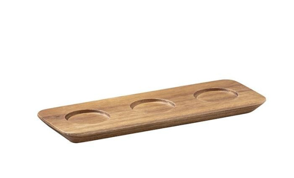 Planche de service APS -NARROW-, 22 x 8 cm, hauteur : 1,5 cm, bois d'acacia, avec 3 évidements Ø 4 cm, 00864