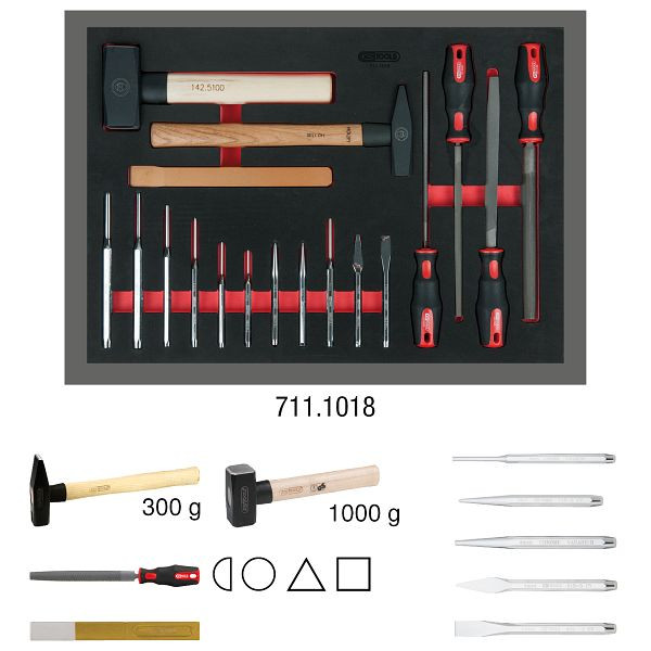 Jeu de limes, burins et marteaux KS Tools, 18 pièces dans un insert système 1/1, 711.1018