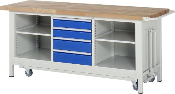 Etabli abaissable RAU modèle 8566, 2000x700x880mm, conteneur à triple structure, gauche : étagère, milieu : 2x120, 2x150mm, droite : étagère, 05-8566A2-207B4F.11