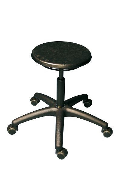 Tabouret de travail Lotz, siège PU noir Ø 340mm, déverrouillage par anneau, base stable en plastique noir, Ø 630 mm, hauteur d'assise 430-620 mm, anneau 3520.11