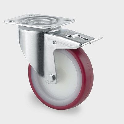 Roulette pivotante TENTE-ROLLEN avec frein, roue Ø 160 mm, capacité de charge 350 kg, hauteur de construction 200 mm, D 40 Shore, 3477UAR160P63 rouge
