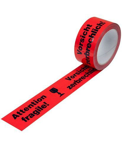 Ruban adhésif d'avertissement DENIOS, PP, impression Attention fragile, en rouge signal, 50 mm de large x 66 m, paquet : 12 rouleaux, 299568