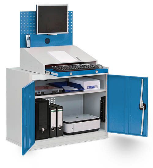 Armoire informatique fixe Bedrunka+Hirth, 2 x portes battantes, 1 x étagère, 1 x plateau de bureau, 1 x tiroir pour clavier, 1000 x 500 x 1460 mm, 04.180.C02oR