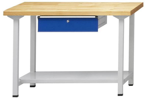 Table de travail ANKE; 1270x700 mm; RAL 7035/5010; 1xHängeschublade; 1x étagère de rangement en tôle d'acier de 500 mm de profondeur