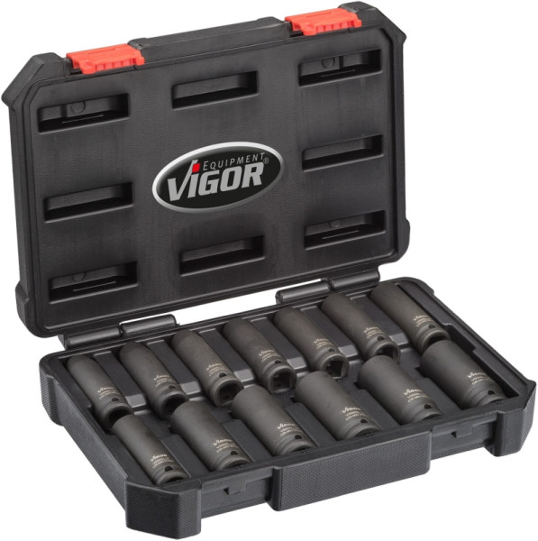 Jeu de douilles pour clés à chocs VIGOR, longues, carrées creuses 12,5 mm (1/2"), profil à six pans extérieurs, 10 - 24, nombre d'outils : 13, V5550L