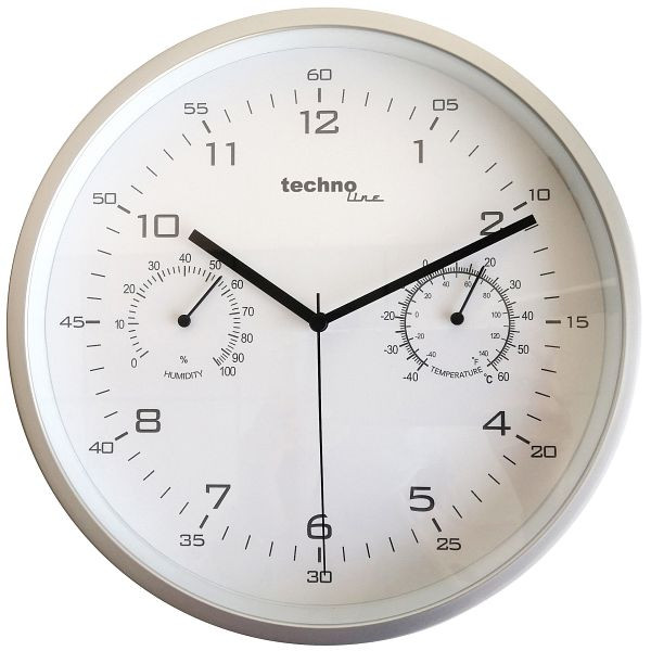 Horloge murale à quartz Technoline, cadre en plastique, dimensions : Ø 250 mm, affichage de la température interne, affichage de l'humidité de l'air interne, WT 653