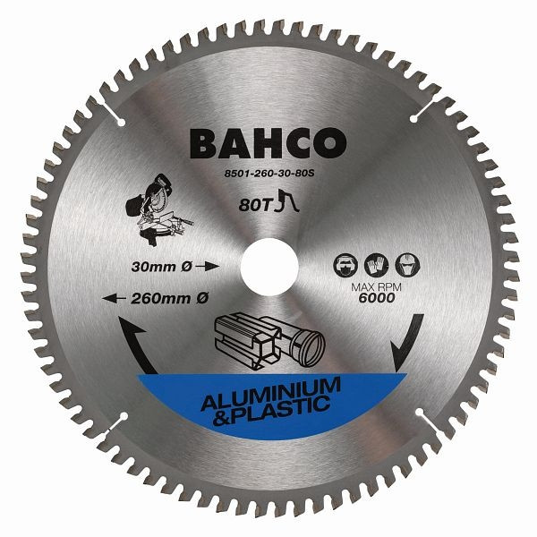 Lame de scie circulaire Bahco, 260 mm, 80 dents, diamètre intérieur 30 mm, pour aluminium et plastique, pour scies à onglet, 8501-260-30-80S