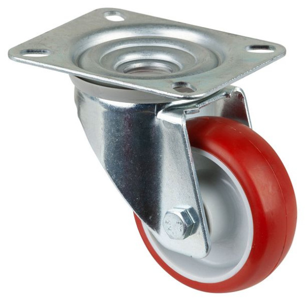 Rouleau de transport BS rollers, largeur de roue 28 mm, roue Ø 80 mm, capacité de charge 125 kg, polyuréthane rouge, roulement à rouleaux, plaque, lot de 2, L400.B31.080
