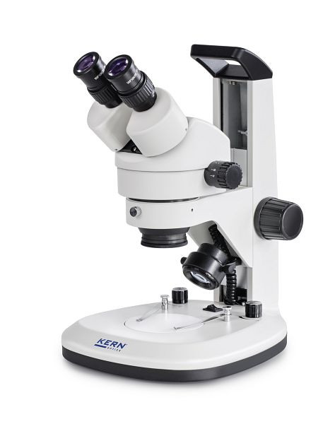 Microscope stéréo zoom KERN Optics, avec poignée, Greenough 0,7 x - 4,5 x, binoculaire, oculaire HWF 10x / Ø 20mm point oculaire haut, alimentation intégrée, OZL 467